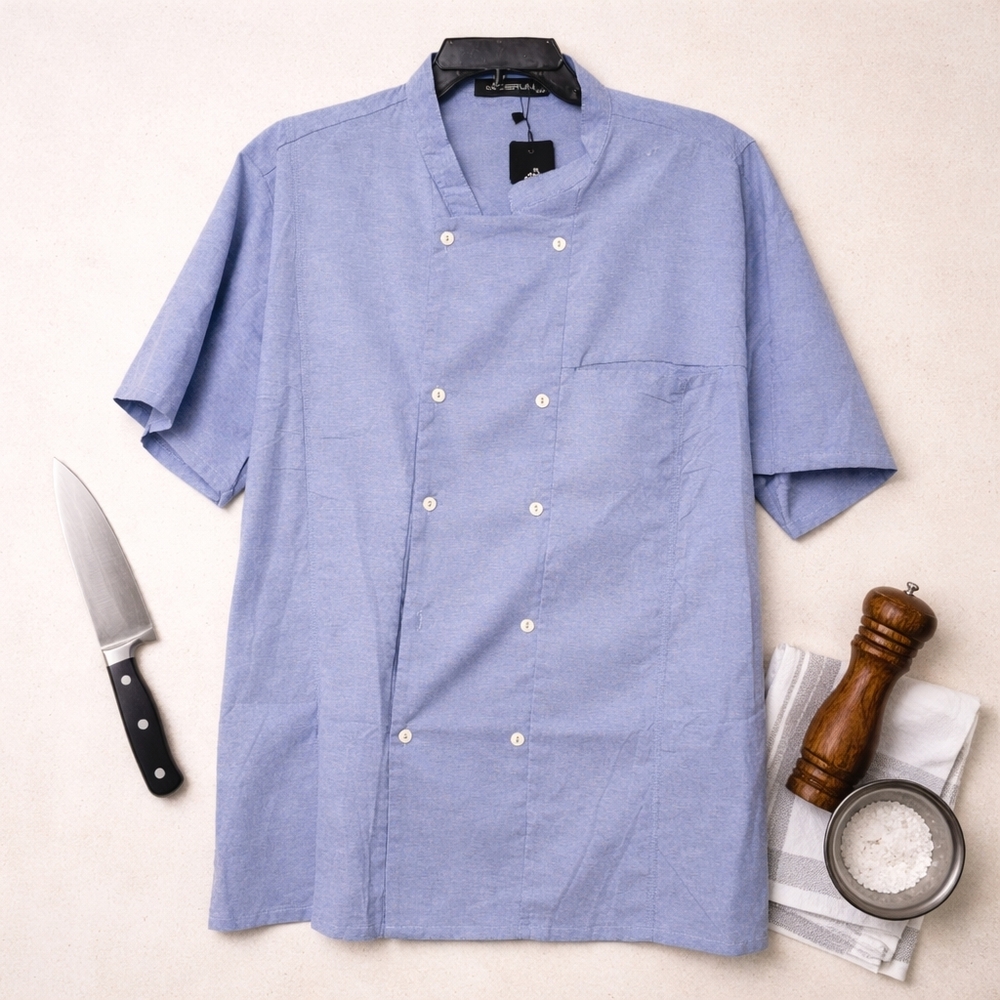 INCERUN Men XXL Blue Double Breasted Chef Shirt Minimalist Top